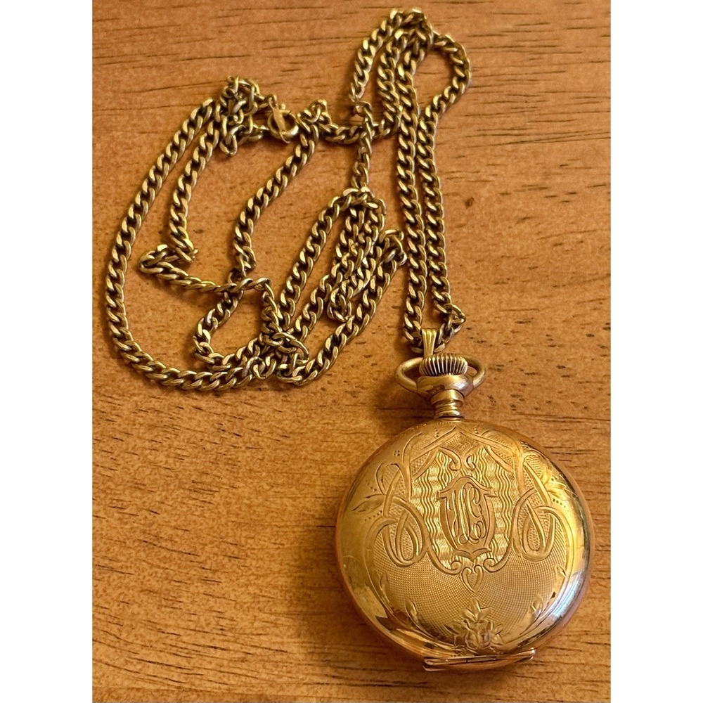 Antique 1916 Elgin Pocket Watch Gold Filled W/ Necklace Inscribed Needs Battery
